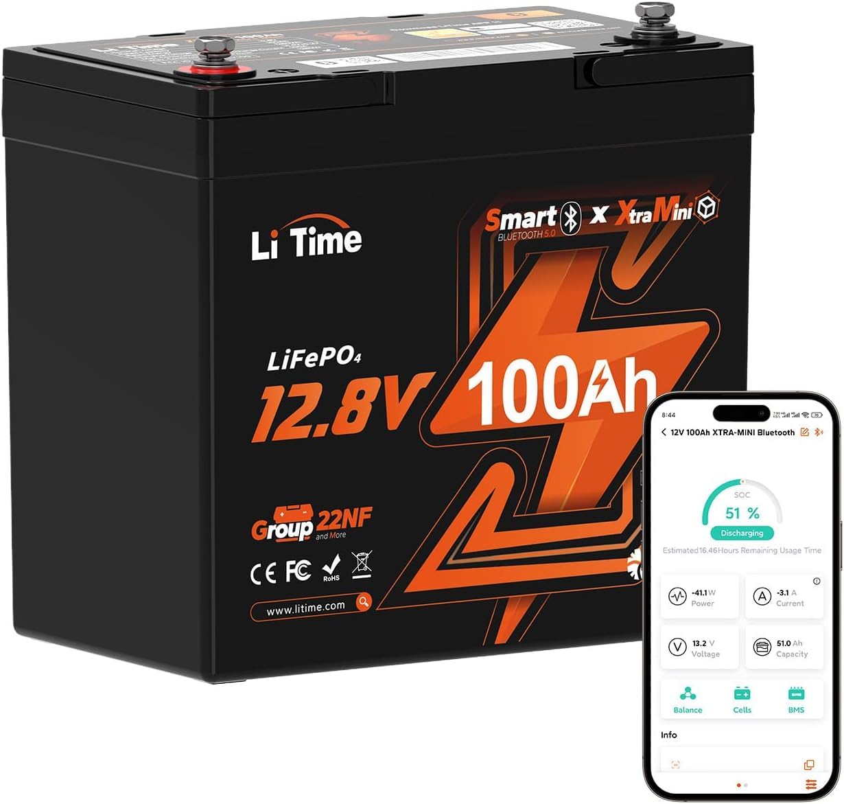 Amazon | LiTime 12V 100Ah Xtra Miniリン酸鉄リチウムイオン